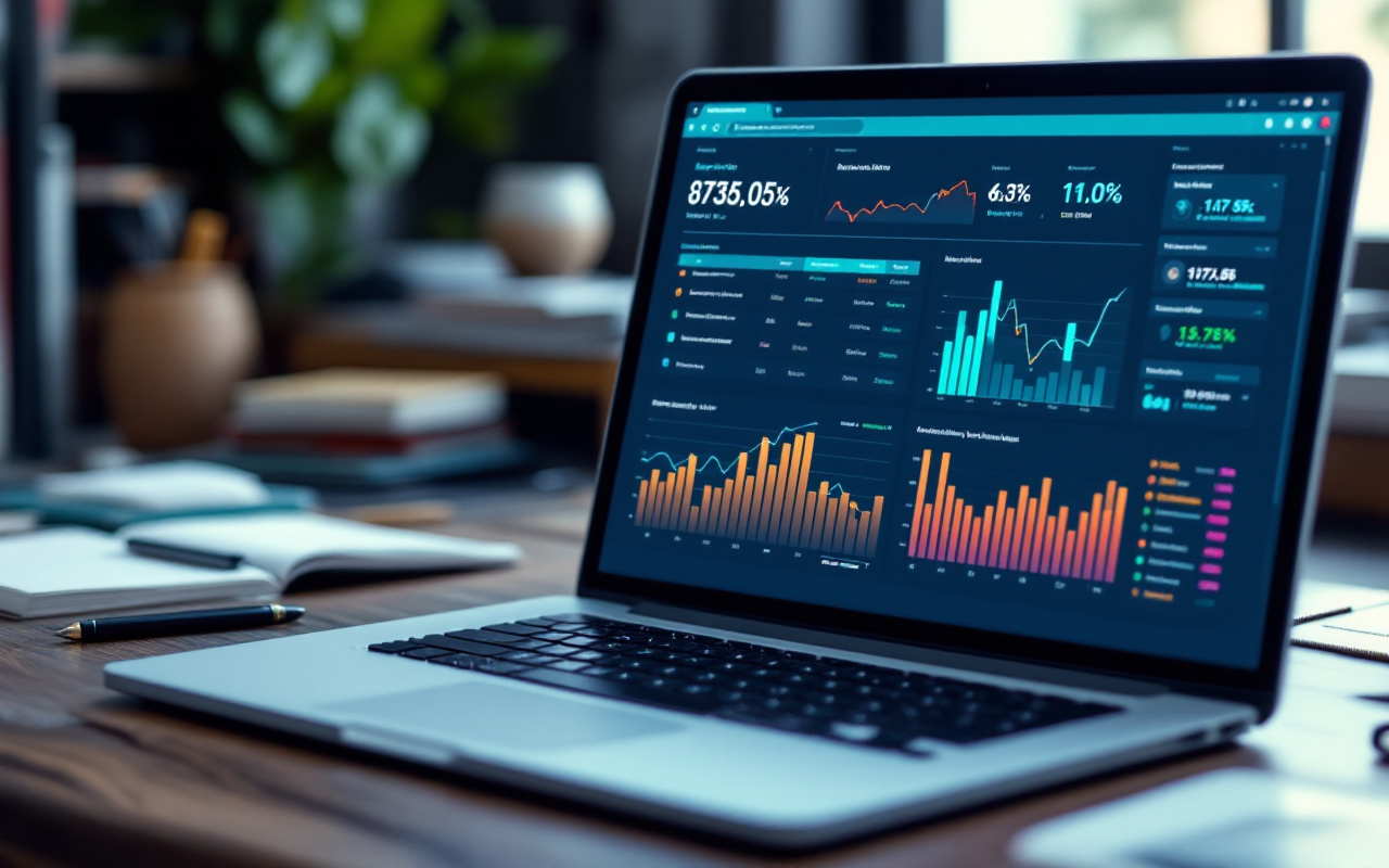 Analyse des backlinks affichée sur un écran d'ordinateur, avec des graphiques et des métriques sur un bureau encombré, éclairage naturel doux.