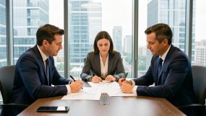 Trois dirigeants, deux hommes et une femme, réunis autour d’une table de conférence avec des graphiques abstraits de croissance, dans un bureau moderne donnant sur des bâtiments d’entreprise contemporains.