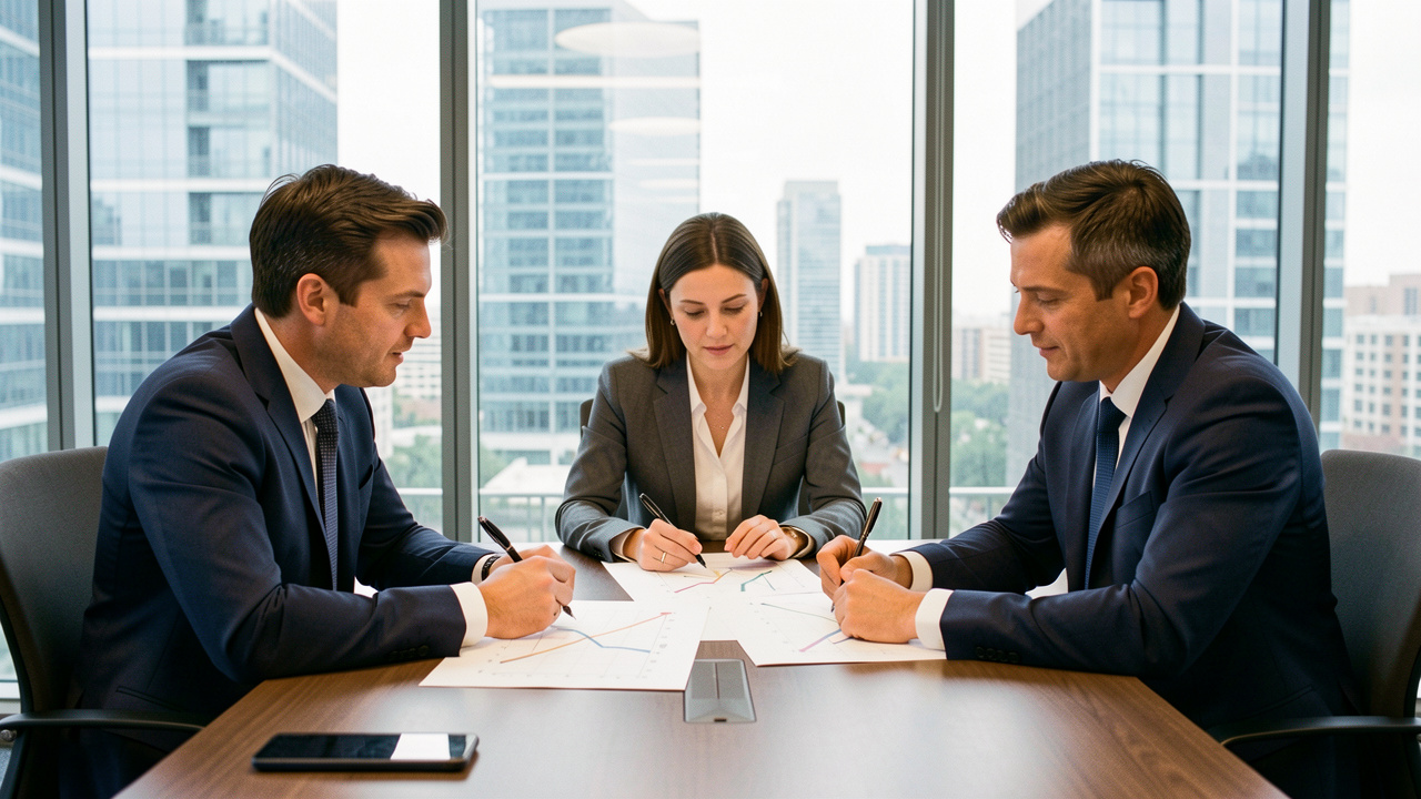 Trois dirigeants, deux hommes et une femme, réunis autour d’une table de conférence avec des graphiques abstraits de croissance, dans un bureau moderne donnant sur des bâtiments d’entreprise contemporains.