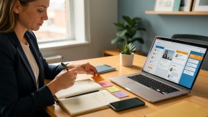 Une professionnelle organise méthodiquement un processus de relance commerciale dans un bureau moderne, avec des cartes colorées, un carnet, un téléphone et un ordinateur.