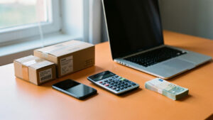 Bureau d’une petite boutique e-commerce préparant une campagne publicitaire, avec colis, smartphone, ordinateur portable, calculatrice et billets en euros.