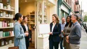 Une cheffe d’entreprise accueille chaleureusement des clients fidèles dans une boutique rénovée, illustrant un changement d’identité tout en préservant la relation avec la clientèle.