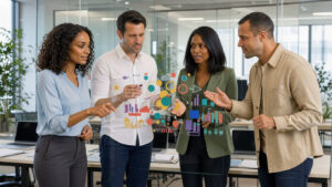 Équipe marketing diverse réunie dans un bureau lumineux et analysant des graphiques abstraits de retours clients sur un tableau en verre.