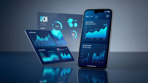 Smartphone posé à côté d’un tableau de bord professionnel bleu présentant des indicateurs abstraits de retour sur investissement et des graphiques d’attribution.
